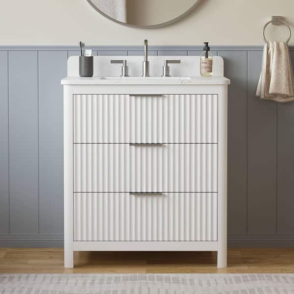 DELUXE DL LIVING Gwen 31 in. Single Sink Freestanding White Bath Vanity with Carrara White Engineered Stone Top and Backsplash Assembled