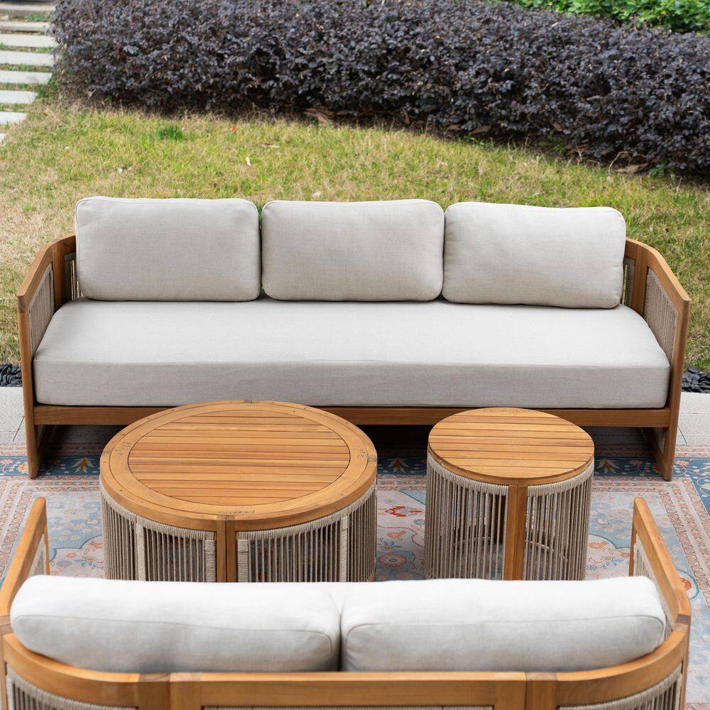 6-Piece Solid Wood Outdoor Patio Conversation Set with Beige Olefin Cushions, Round Storage Coffee Table and Side Table price history on PriceWatchPro