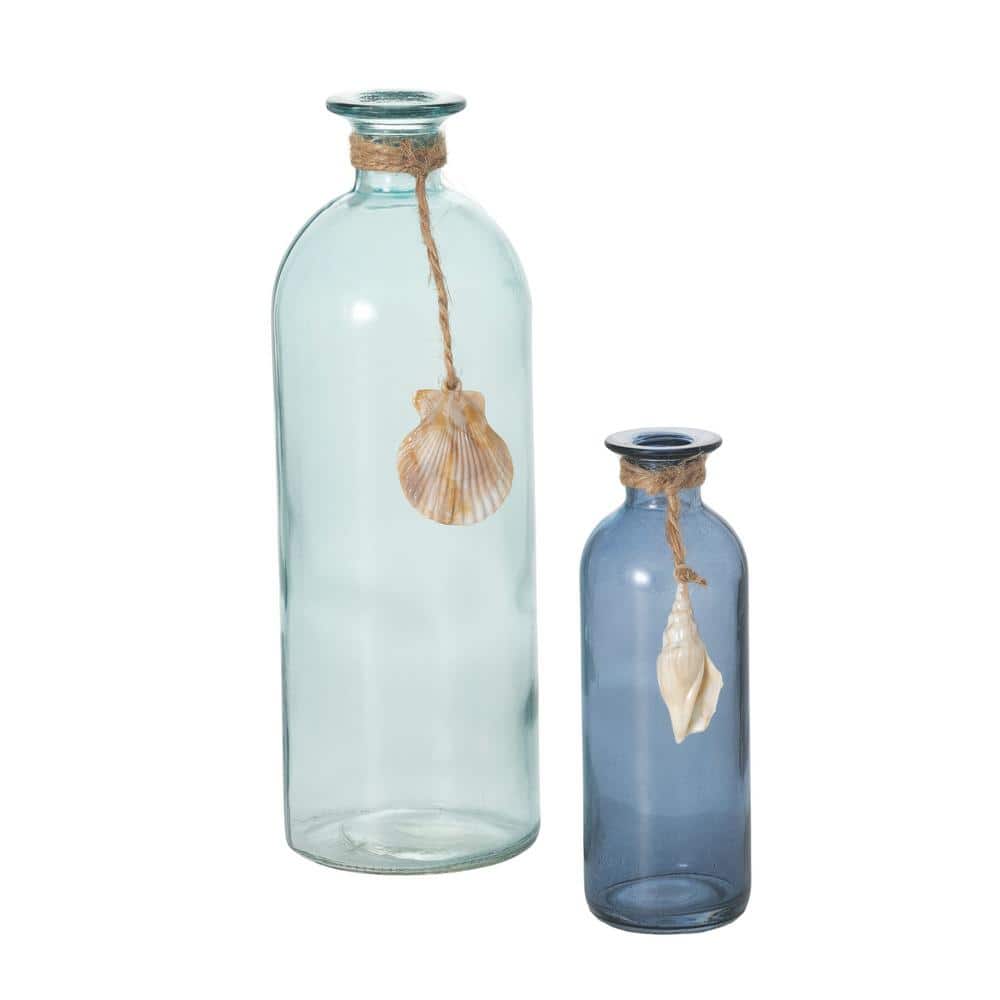 Sea-Blue Glass Bottle Vase Set with Jute and Seashell Accents