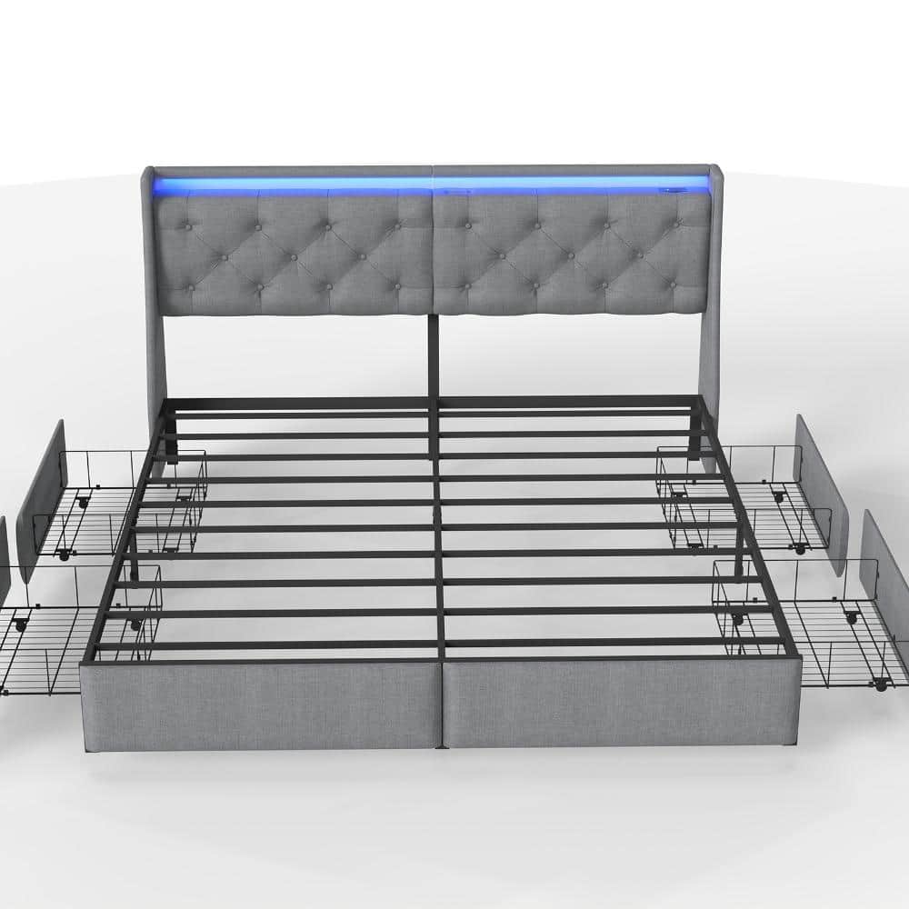Grey Metal King Size Platform Bed Frame with Storage Headboard, 4 Drawers, LED Light & Charging Station, No Box Spring