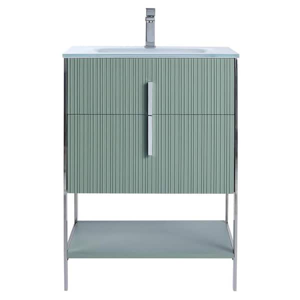 FINE FIXTURES 24 in. W x 18 in. D x 33.5 in. H Mint Green Bath Vanity with White Glass Single Hole Top Sink with Chrome Hardware