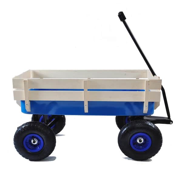 Boosicavelly 4.3 cu. ft. Wood Steel Blue Outdoor Wagon All Terrain Pulling Wood Railing Air Tires Kid Garden Cart