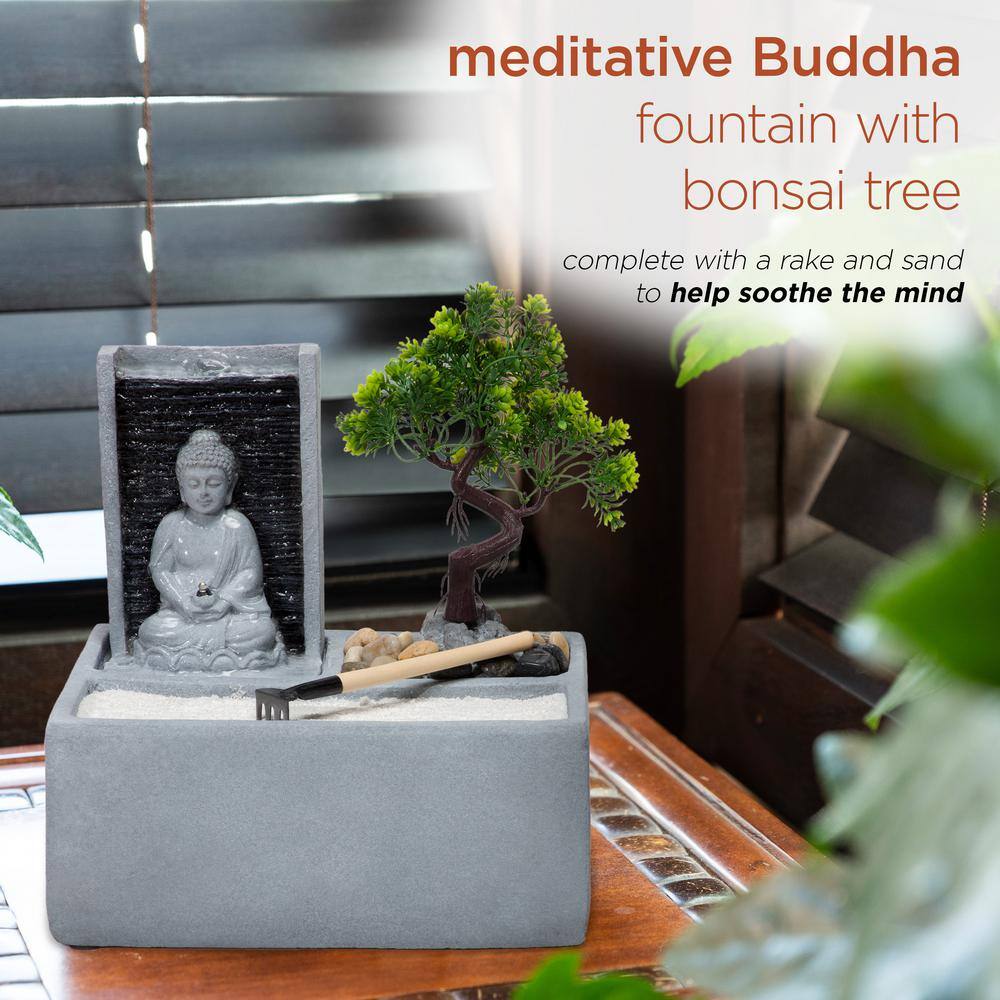 Gray Cement Buddha Bonsai Garden Tabletop Fountain with LED Light