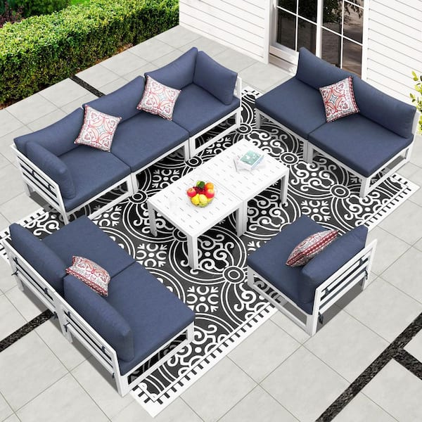 FINCATI Modern 10-Piece White Aluminum Outdoor Patio Conversation Deep Seating Set with Denim Blue Cushions and Coffee Tables