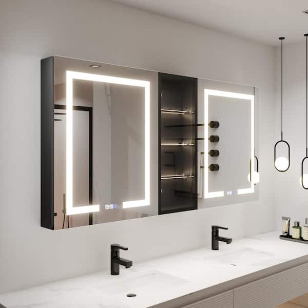ExBrite ShineX 60 in.W x 30 in.H Rectangular Black Aluminum Recessed/Surface Mount Dual Swing Medicine Cabinet with Mirror LED