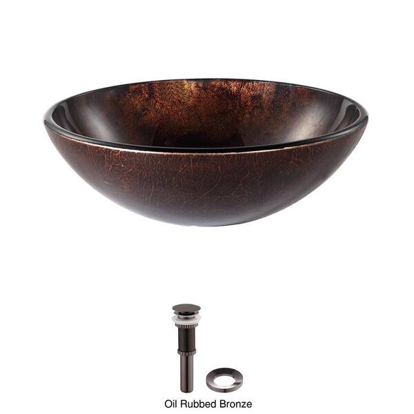 KRAUS Jupiter Glass Vessel Sink in Brown with Pop-Up Drain and Mounting Ring in Oil Rubbed Bronze