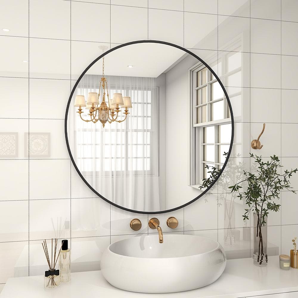 XRAMFY 26 in. W x 38 in. H Rectangular Aluminum Alloy Framed Rounded Black Wall Mirror