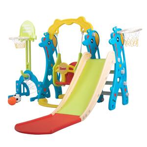 5-in-1 Toddler Slide and Swing Set Outdoor Slide Set with Basketball Hoop