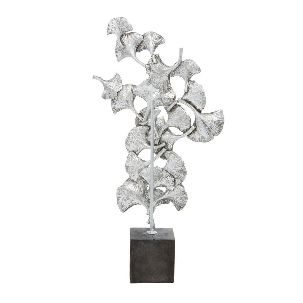 Silver Floral Metal Sculpture with Black Block Base