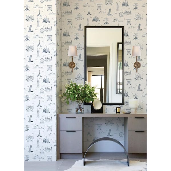 Landmark Blue Travelers Toille Novelty Peel and Stick Wallpaper Sample