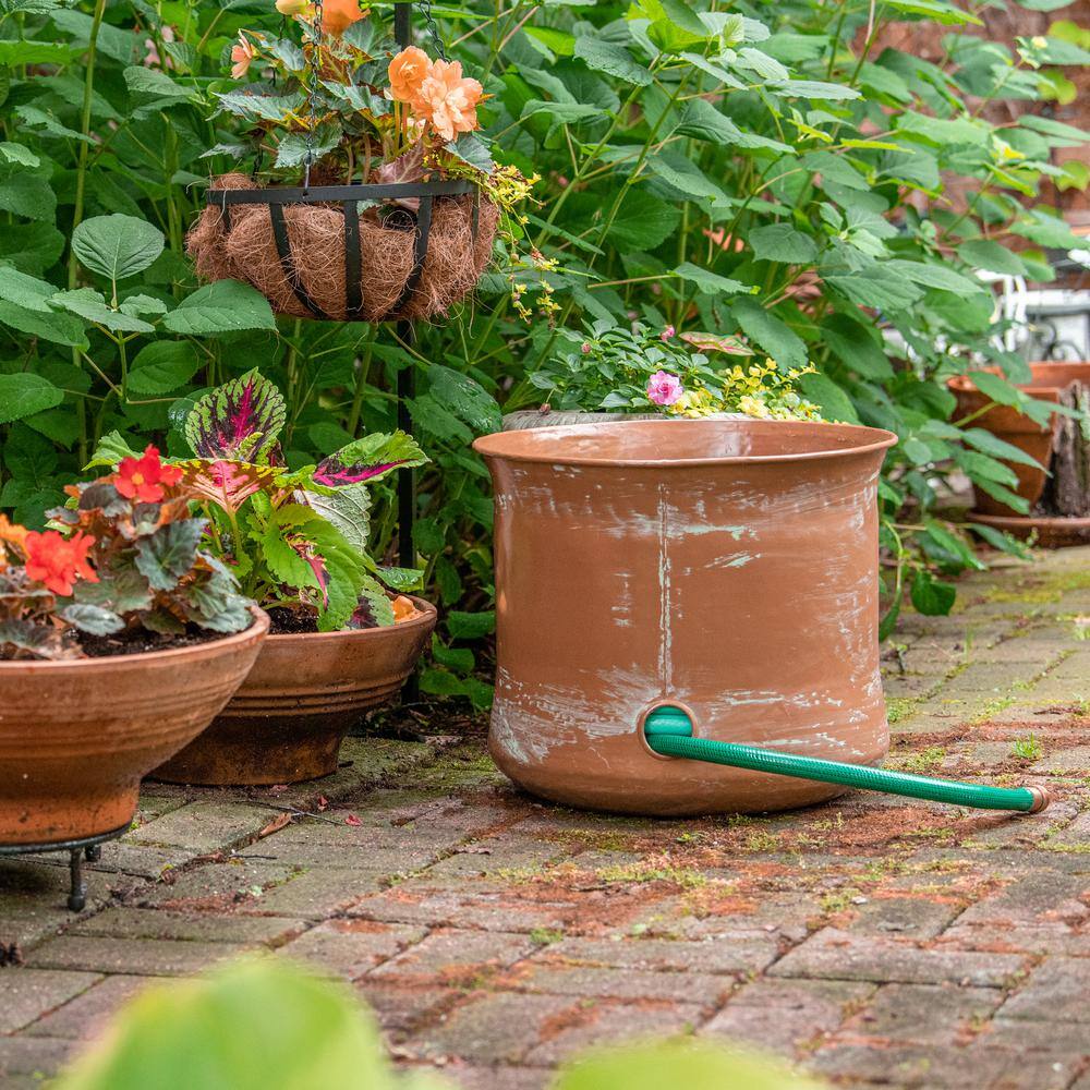 Copper Finish Cylinder Garden Hose Holder with Patina