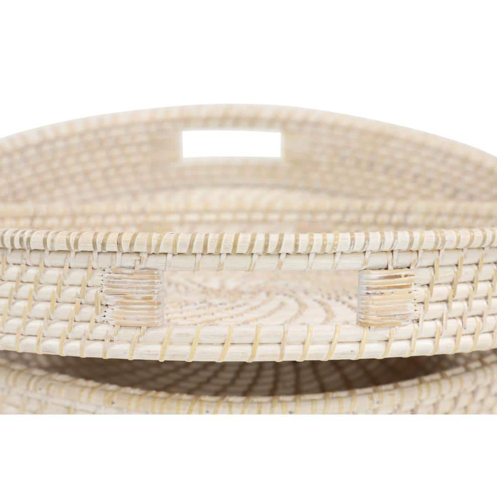 Cream Checkered Round Rattan Decorative Tray Set, 20" and 16"