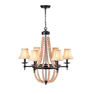 Souci 6-Light Black Candle Style Chandelier With Wood Accents for Dining/Living Room, Bedroom, with No Bulbs Included