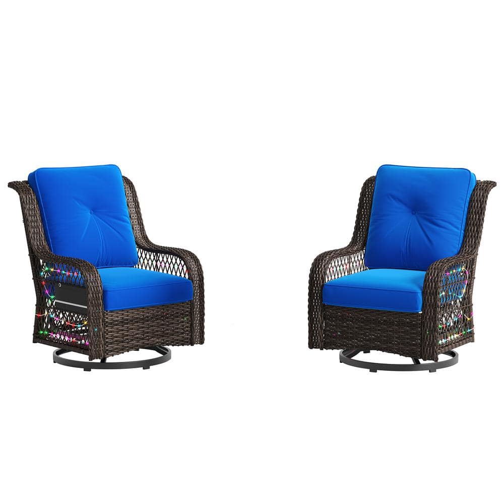 Bestier Swivel Brown Wicker Outdoor Rocking Chair with Blue Cushions (2-Pack)