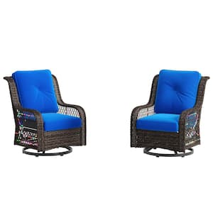 Swivel Brown Wicker Outdoor Rocking Chair with Blue Cushions (2-Pack)