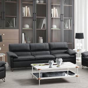 Eilene 38 in. Pillow Top Arm Leather Rectangle Sofa in Black Top Grain Leather