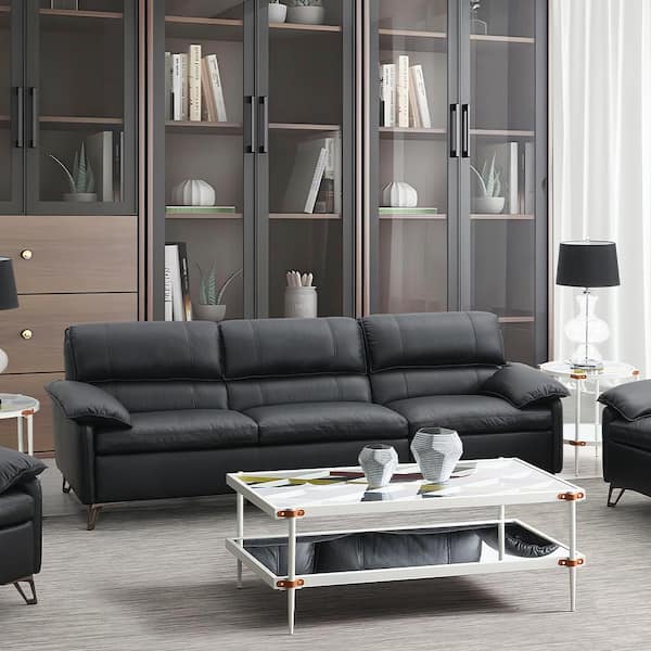 Acme Furniture Eilene 38 in. Pillow Top Arm Leather Rectangle Sofa in Black Top Grain Leather