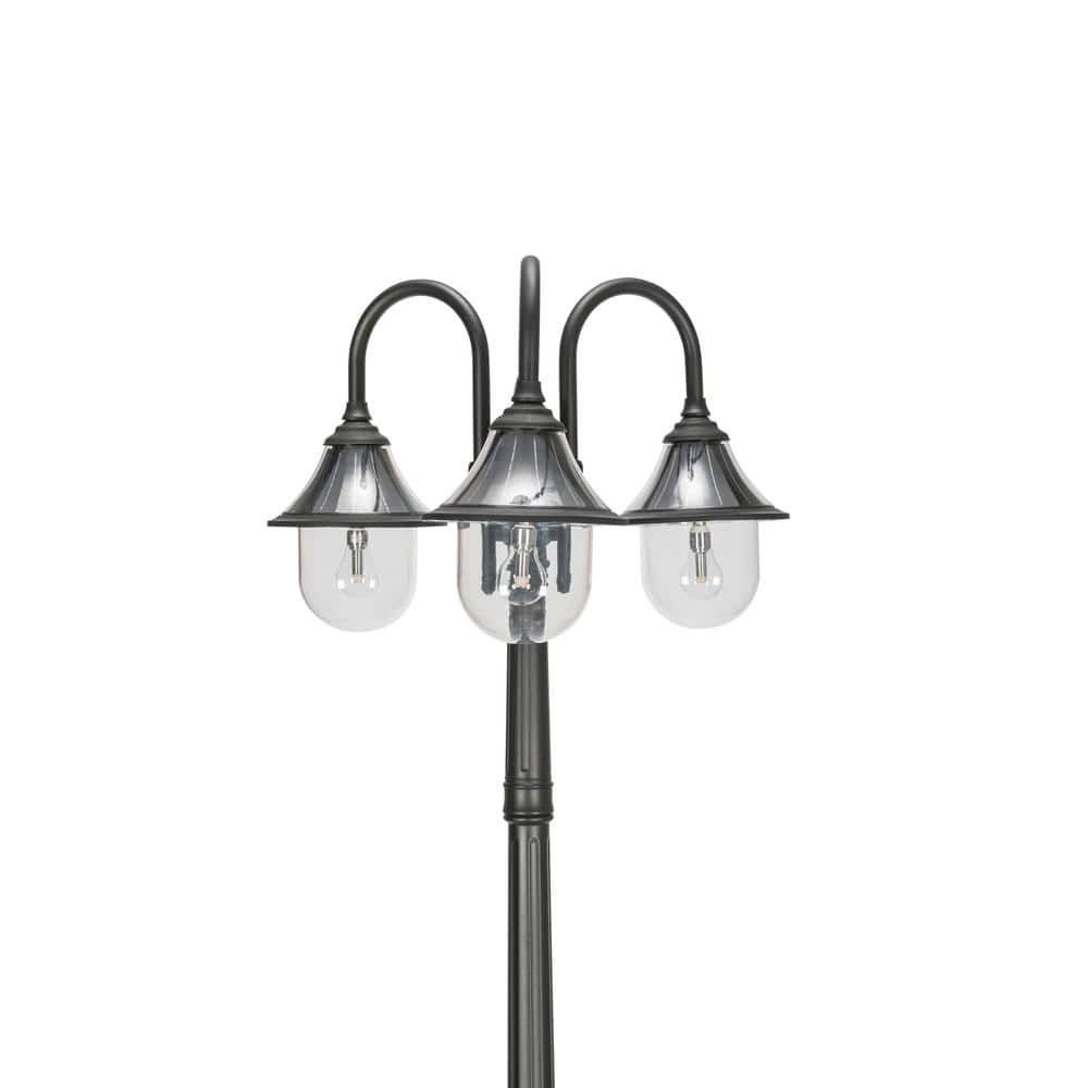 Orion Triple-Head Solar Lamp Post in Black Resin with LED, Dusk to Dawn