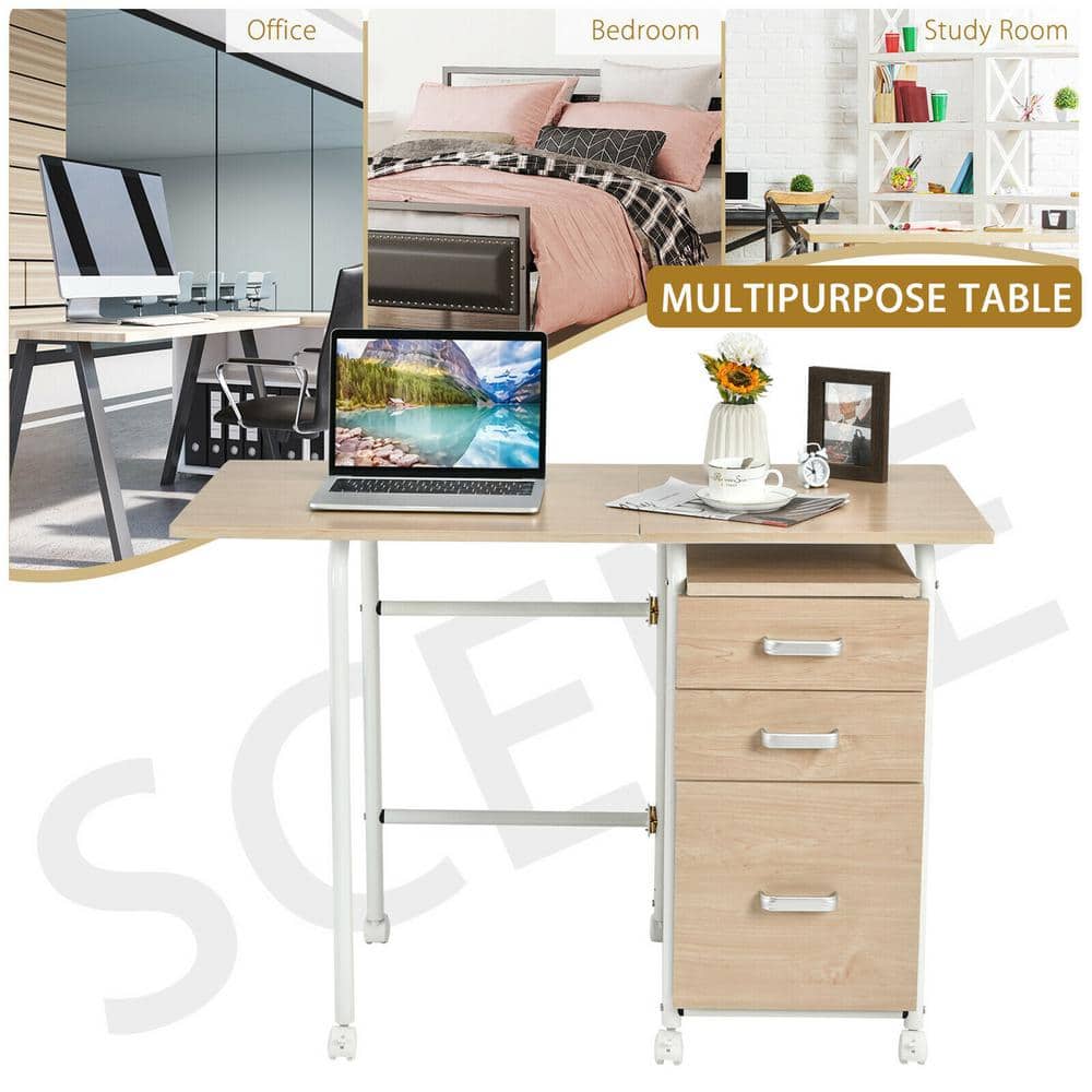 Oak Foldable Computer Desk with Drawers and Wheels