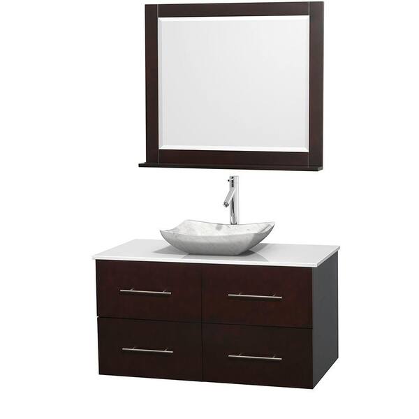 Wyndham Collection Centra 42 in. Vanity in Espresso with Solid-Surface Vanity Top in White, Carrara Marble Sink and 36 in. Mirror