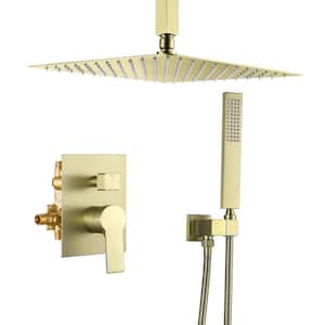 1-Spray 12 in. Ceiling Mount Dual Shower Heads with Handheld Built-In Shower System in Brushed Gold