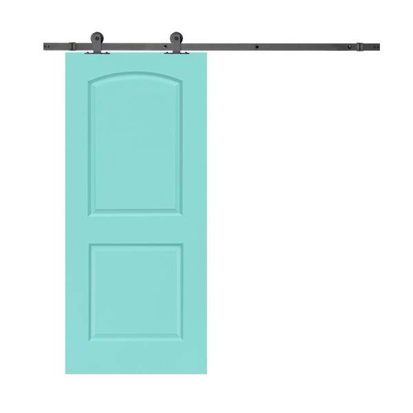 CALHOME 30 in. x 80 in. Mint Green Stained Composite MDF 2-Panel Round Top Interior Sliding Barn Door with Hardware Kit