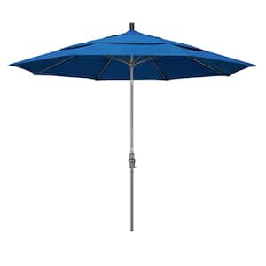 11 ft. Hammertone Grey Aluminum Market Patio Umbrella with Collar Tilt Crank Lift in Pacific Blue Pacifica