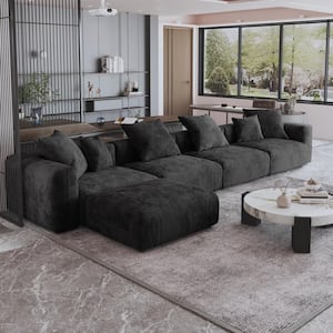 181 in. Square Arm 5-Piece Corduroy L-Shaped Modular Free combination Sectional Sofa with Ottoman in Black