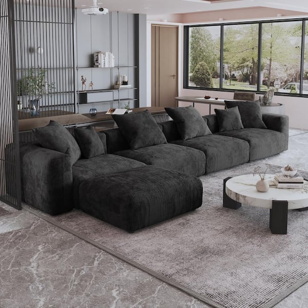 181 in. Square Arm 5-Piece Corduroy L-Shaped Modular Free combination Sectional Sofa with Ottoman in Black