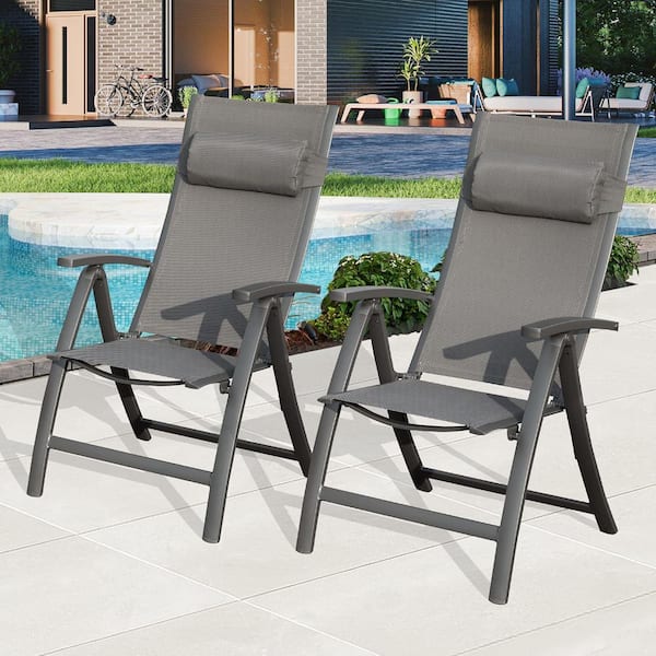 2-Piece Outdoor Reclining Folding Beach Chairs Headrests, Patio Adjustable Aluminum Lawn Chairs, Gray Textilene Fabric