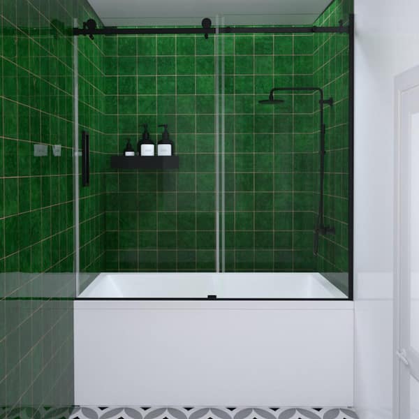 Hermitage Bath Eletta 60 in. W x 60 in. H Sliding Semi-Frameless Tub Door in Matte Black Finish with Clear Glass
