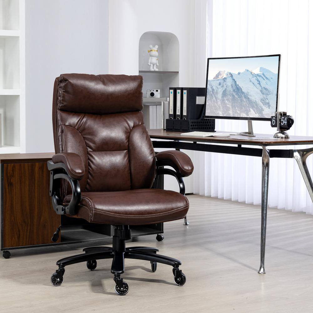 Brown High Back Leather Executive Swivel Office Chair with Fixed Arms