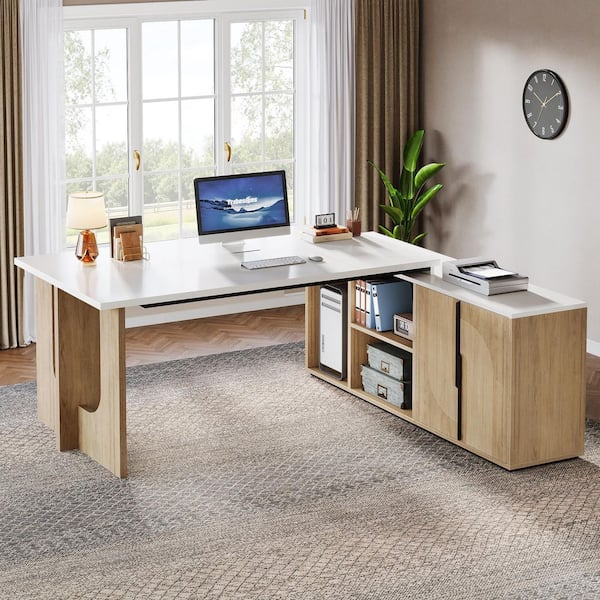 Halseey 75 in. L-Shaped White Wood Executive Computer Desk, Large Office Desk with Shelves, Doors