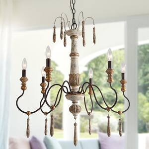 Modern Farmhouse Wood Chandelier with Rusty Candlestick, 6-Light French Country Dining/Living Room Hanging Ceiling Light
