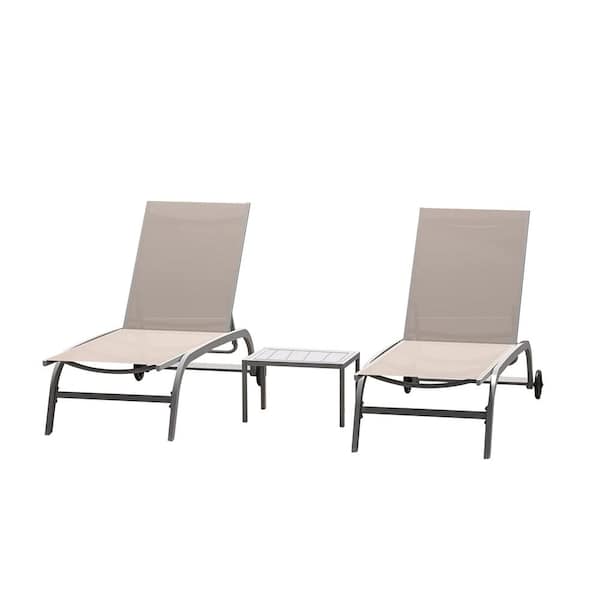 Sudzendf Khaki Chaise Lounge with Wheels, Outdoor Lounge Chairs with 5-Adjustable Position 2-Lounge Chairs Plus 1-Table