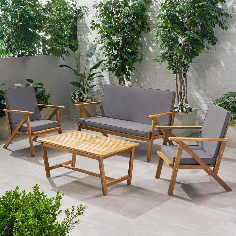 maocao hoom Teak 4-Piece Wood Patio Conversation Set with Gray Cushions ...