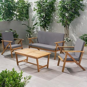 Teak 4-Piece Wood Patio Conversation Set with Gray Cushions