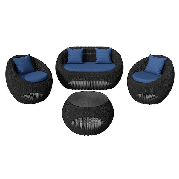 TWT Black 4-Piece Hand-Woven Wicker Aluminum Outdoor Patio Sofa Couch Set with Blue Seat Cushion and back Cushion