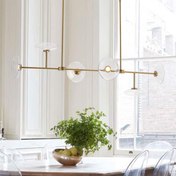 Toluo 6-Light 54.5 in. W Brushed Gold Integrated LED Chandelier with Saucer Glass Shade Modern Linear Kitchen Light