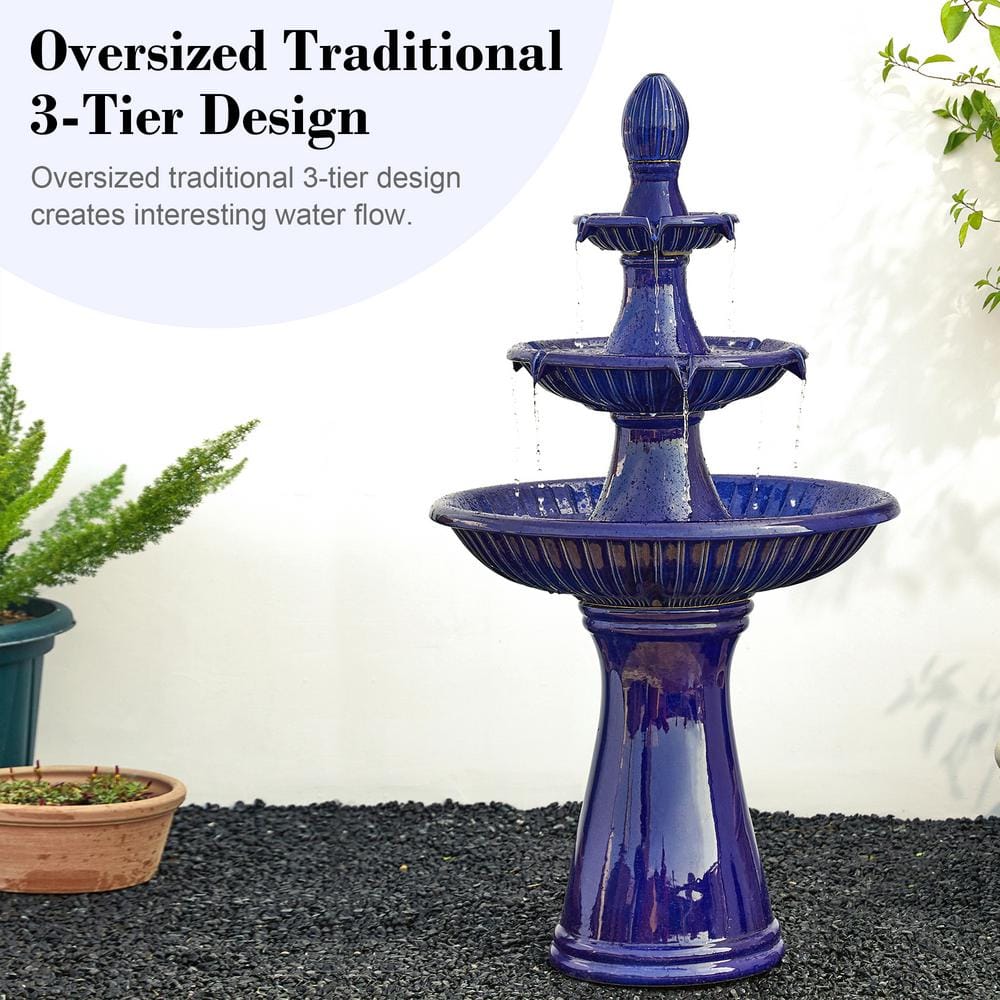 45.25" Cobalt Blue Ceramic 3-Tier Outdoor Fountain with LED Light