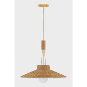 Laudine 24.5 in. 1 Light Aged Brass Finish Pendant Light with Light Natural Wicker Shade