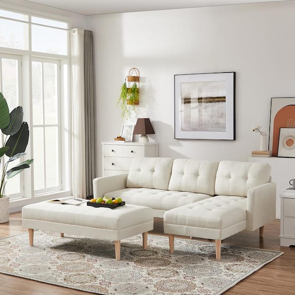L-shaped Couch Set Linen Convertible Sectional Sofa w/ Lumbar