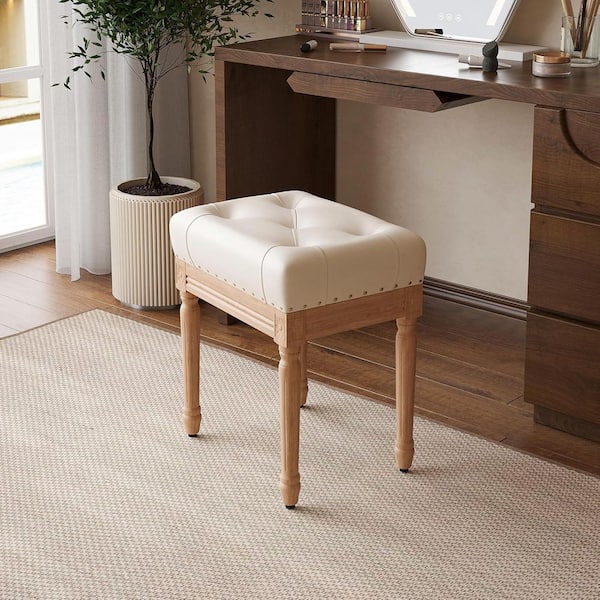 Lirago White Leather Vanity Stool for Makeup Room and Living Room