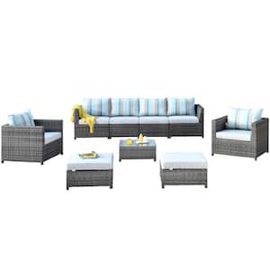 Tahiti Gray 9-Piece Wicker Outdoor Patio Conversation Seating Set with a Coffee Table and Gray Sunbrella Cushions