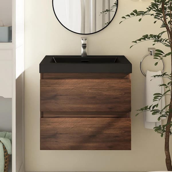 Boosicavelly 24 in. W x 19.5 in. D x 22.5 in. H Single Sink Wall-Mounted Bath Vanity in Roes Wood with Black Resin Top