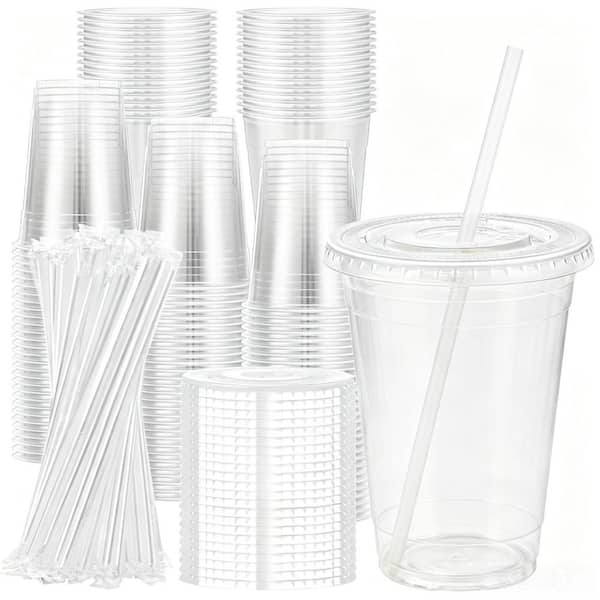 16 oz. Disposable Plastic Cups with Clear, Lids, Straws for Iced Coffee, Cold Beverages, Smoothies and Drinks (100-Pack)