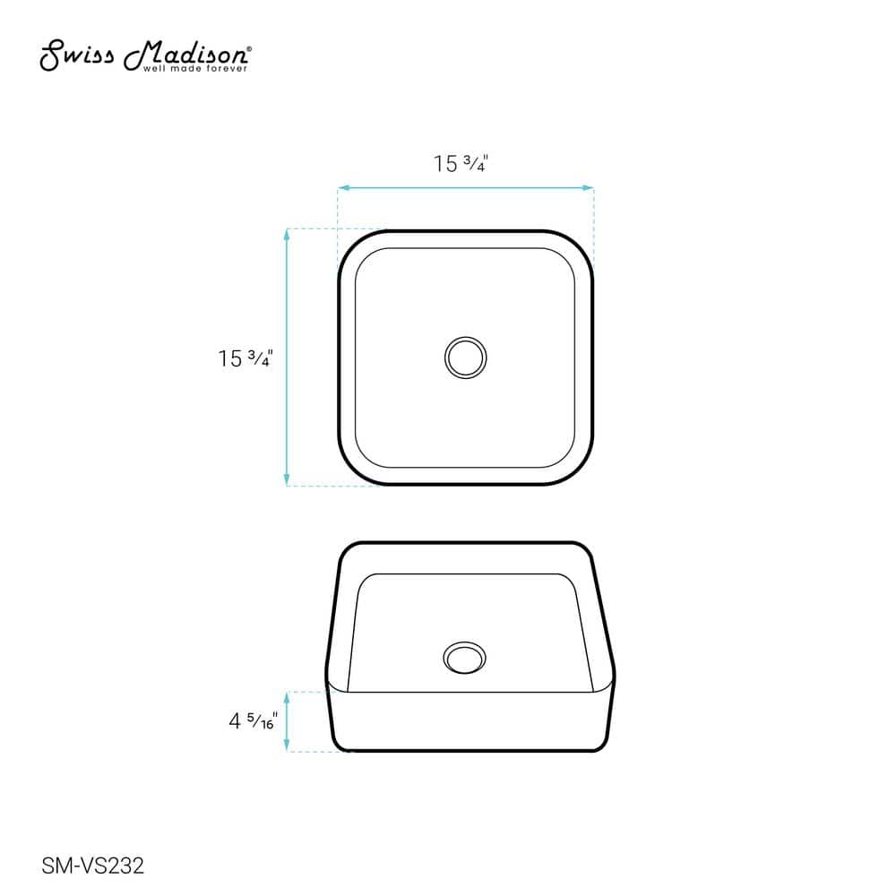 White Ceramic Square Above-Counter Vessel Sink, 15.74"