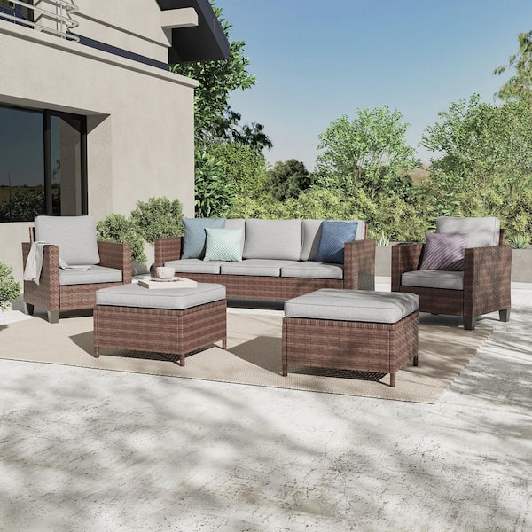 Sonkuki 5-Piece Brown Wicker Patio Sofa Set Outdoor Conversation Set with 3-Seat Sofa Ottomans, Linen Grey Cushions