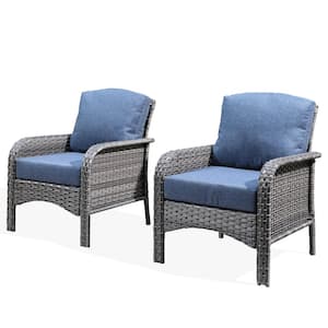 Venice Gray 2-Piece Wicker Modern Outdoor Patio Conversation Chair Seating Set with Denim Blue Cushions