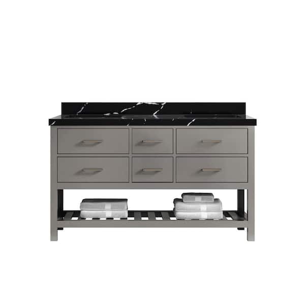Willow Collections Parker 60 in. Double Sink Freestanding White Bath Vanity with Calacatta Black Quartz Top Unassembled
